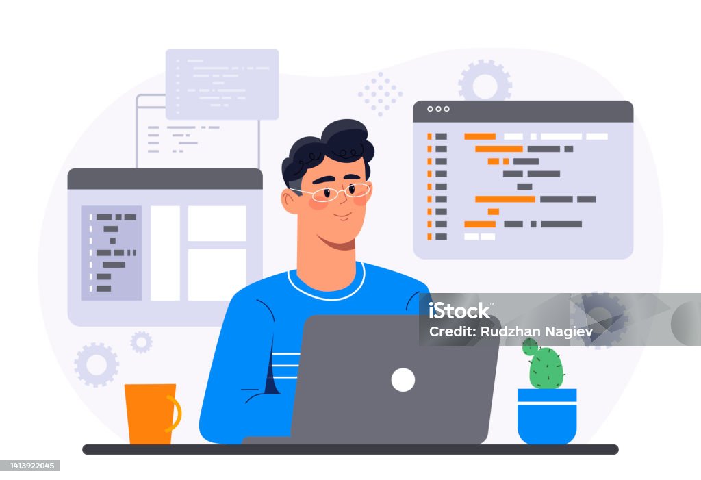 Programming at home. Young man behind laptop works at home, modern technology, remote worker. Developer of application or program for smartphone writes code. Cartoon flat vector illustration